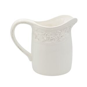 Pfaltzgraff Country Cupboard 7in Vintage Pitcher Vase Ivory Embossed Floral Band